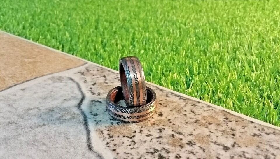 KBS Knives Store Knives Infinite Promise Damascus Steel Vow Renewal Ring with Copper Lines and RoseWood Inlay by KBS Knives Store