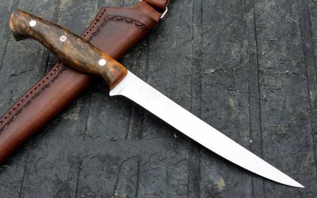 KBS Knives Store Knives KBS Knives Store Handmade D2 Steel Fillet Boning Knife with Burly Rosewood Handle and Leather Sheath - 13 Inch Overall Length