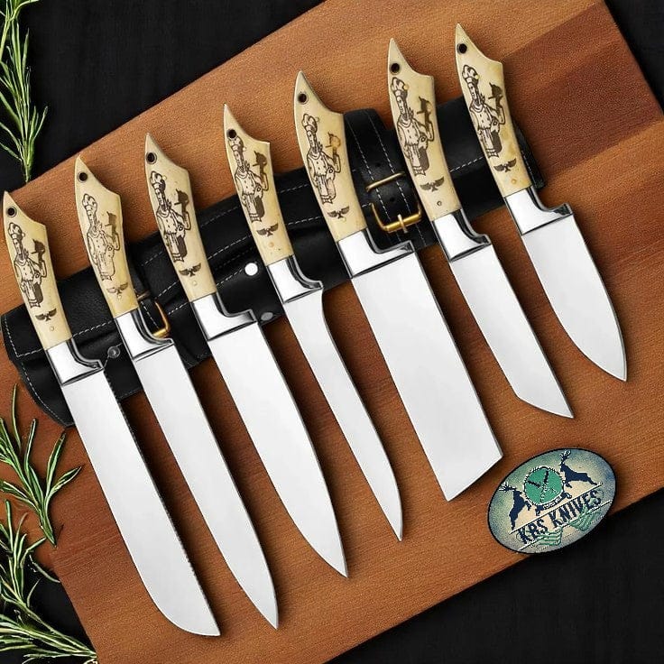 KBS Knives Store Knives Legacy Bone Series – 7-Piece Stainless Knife Set with Engraved Bone Handles & Steel Bolsters