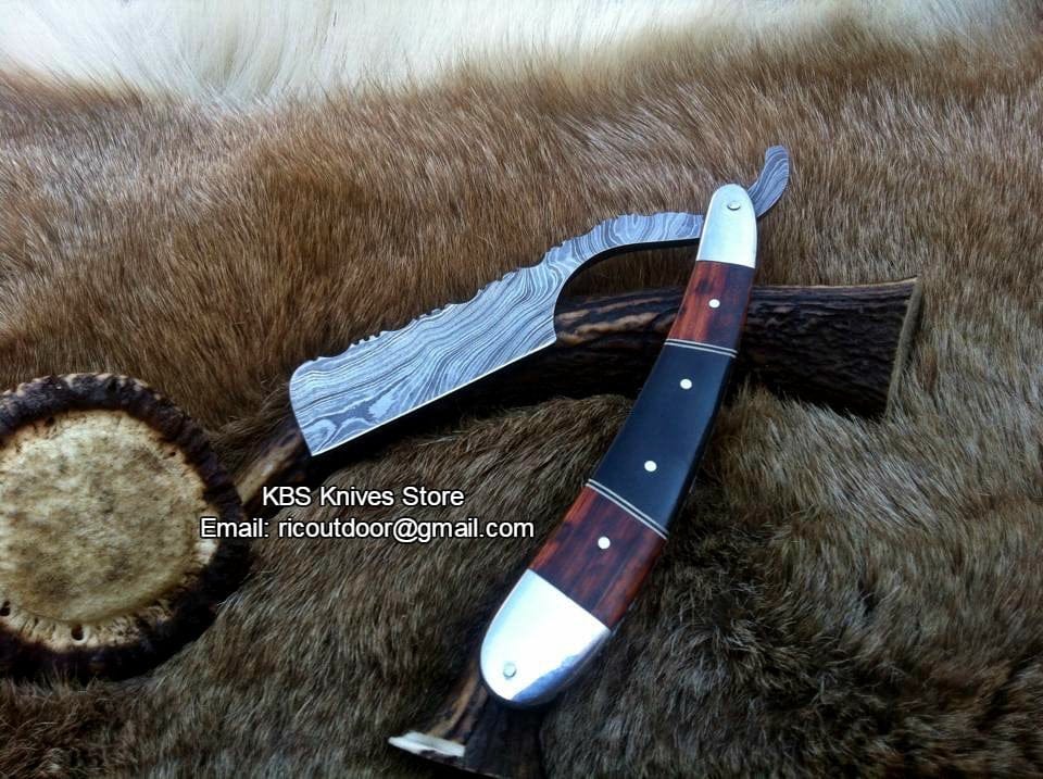 KBS Knives Store Knives Luxury Antique Razor with Damascus Steel Blade and Buffalo Horn-Rosewood, Brass Bolsters Handle - Includes Leather Case - Available Exclusively at KBS Knives Store