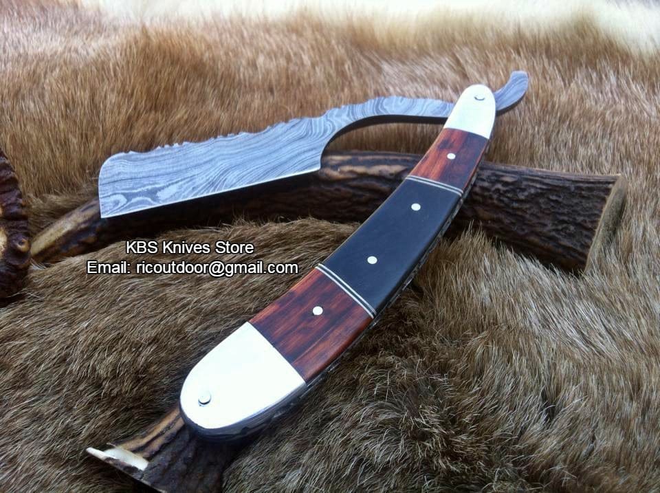 KBS Knives Store Knives Luxury Antique Razor with Damascus Steel Blade and Buffalo Horn-Rosewood, Brass Bolsters Handle - Includes Leather Case - Available Exclusively at KBS Knives Store