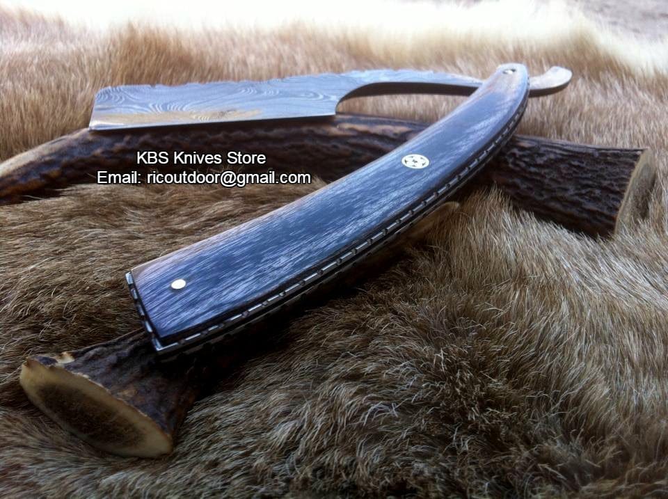KBS Knives Store Knives Luxury Antique Razor with Damascus Steel Blade and Exotic Pakka Wood, Brass Liner Handle - Includes Leather Case - Available Exclusively at KBS Knives Store