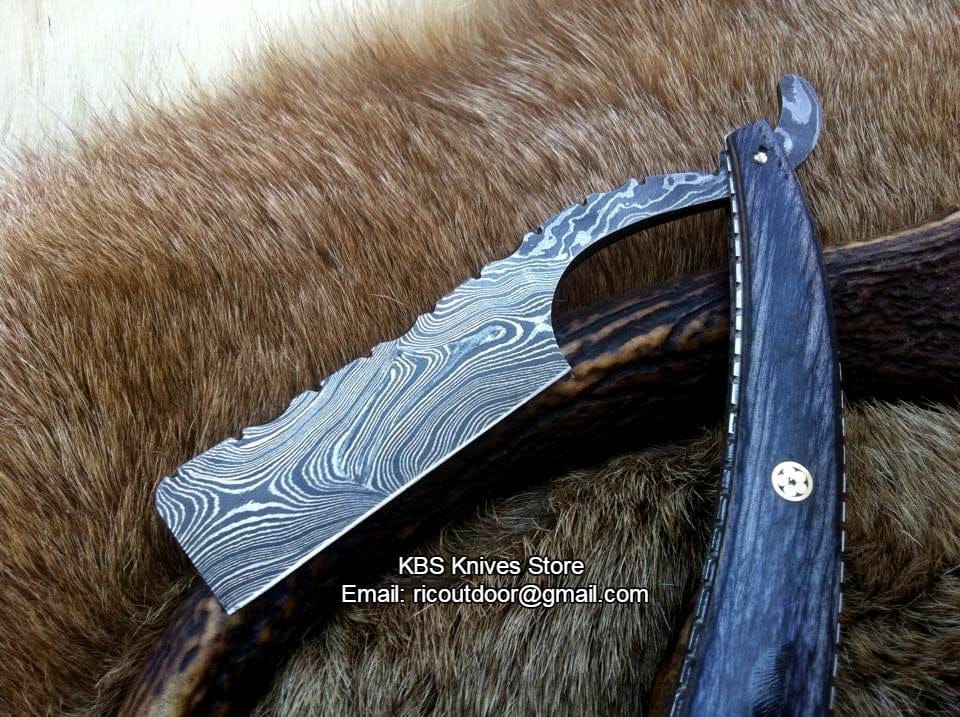 KBS Knives Store Knives Luxury Antique Razor with Damascus Steel Blade and Exotic Pakka Wood, Brass Liner Handle - Includes Leather Case - Available Exclusively at KBS Knives Store