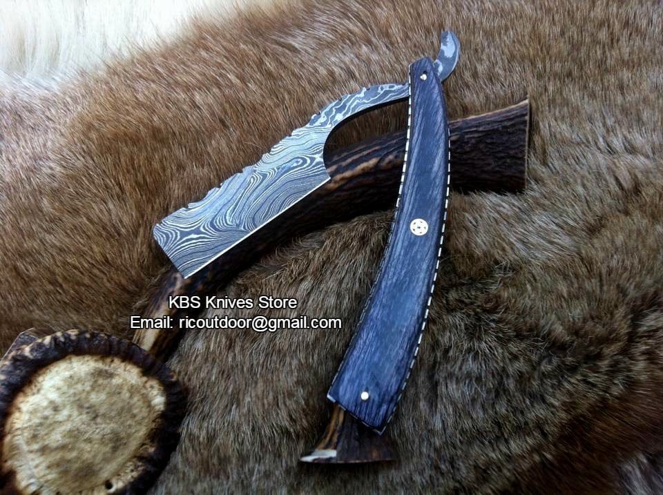 KBS Knives Store Knives Luxury Antique Razor with Damascus Steel Blade and Exotic Pakka Wood, Brass Liner Handle - Includes Leather Case - Available Exclusively at KBS Knives Store
