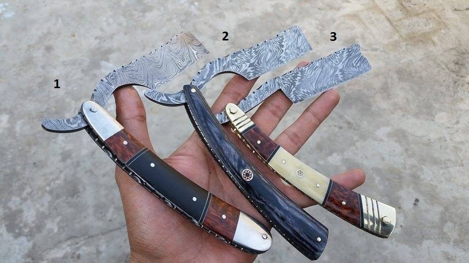 KBS Knives Store Knives Luxury Traditional Straight Razor with Damascus Steel Blade - Includes Leather Case - KBS Knives Store Exclusive