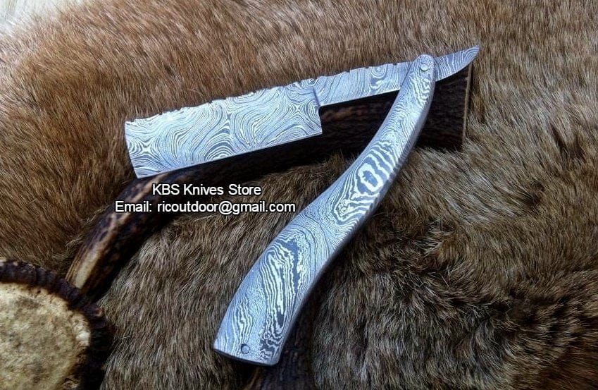 KBS Knives Store Knives Premium Antique Razor with Damascus Steel Blade and Damascus Steel Scales Handle - Includes Leather Case - Available Exclusively at KBS Knives Store