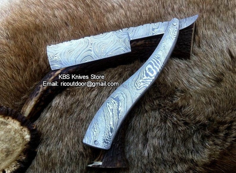 KBS Knives Store Knives Premium Antique Razor with Damascus Steel Blade and Damascus Steel Scales Handle - Includes Leather Case - Available Exclusively at KBS Knives Store
