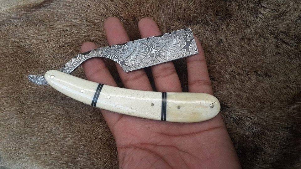 KBS Knives Store Knives Premium Damascus Steel Straight Razor with Bone Handle and Black Fiber Spacer, Includes Leather Case - KBS Knives Store Exclusive