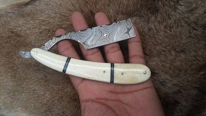 Premium Damascus Steel Straight Razor with Bone Handle and Black Fiber ...