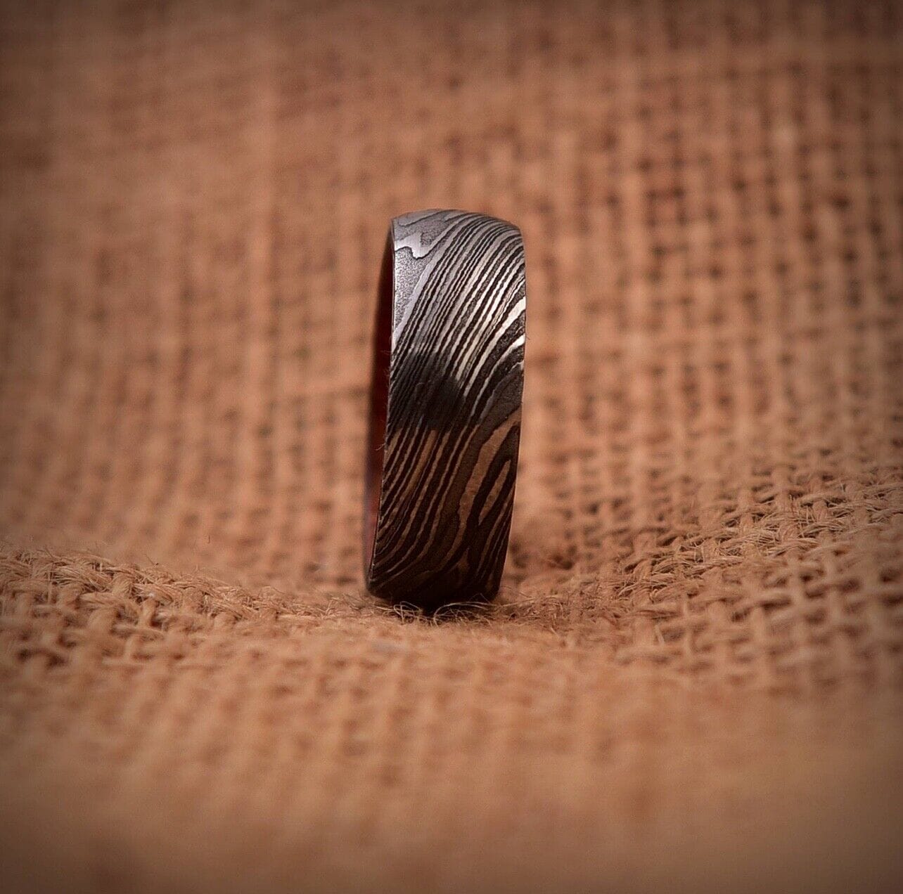 KBS Knives Store Knives Timeless Bond Damascus Steel Anniversary Ring with Wooden Inlay by KBS Knives Store