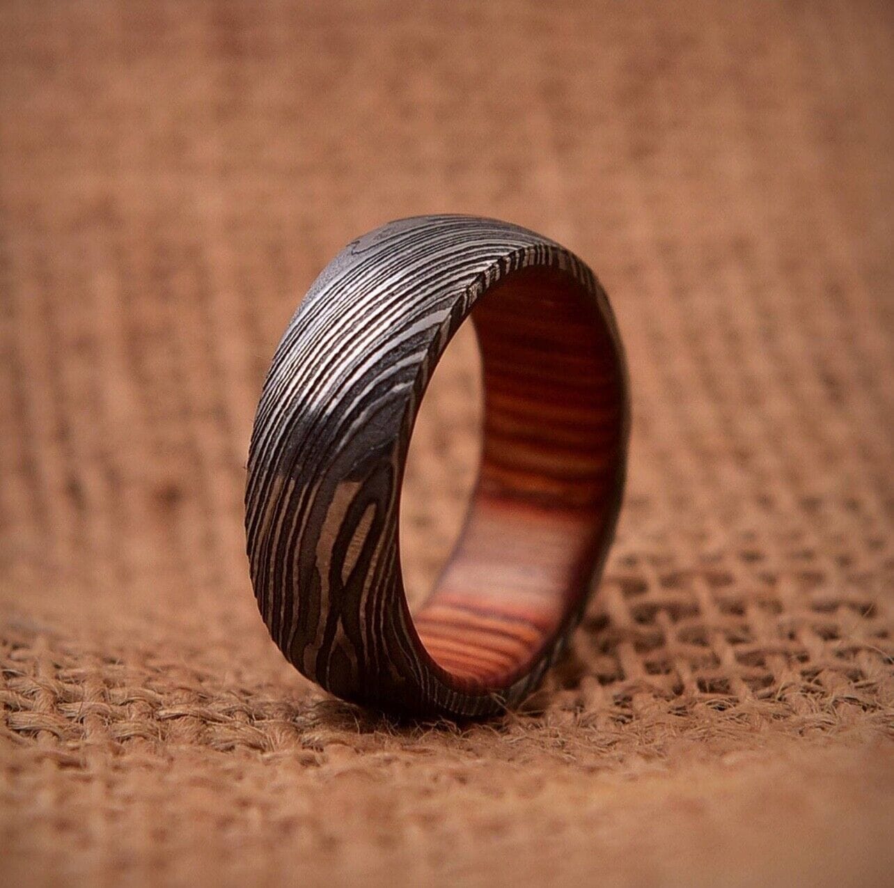 KBS Knives Store Knives Timeless Bond Damascus Steel Anniversary Ring with Wooden Inlay by KBS Knives Store