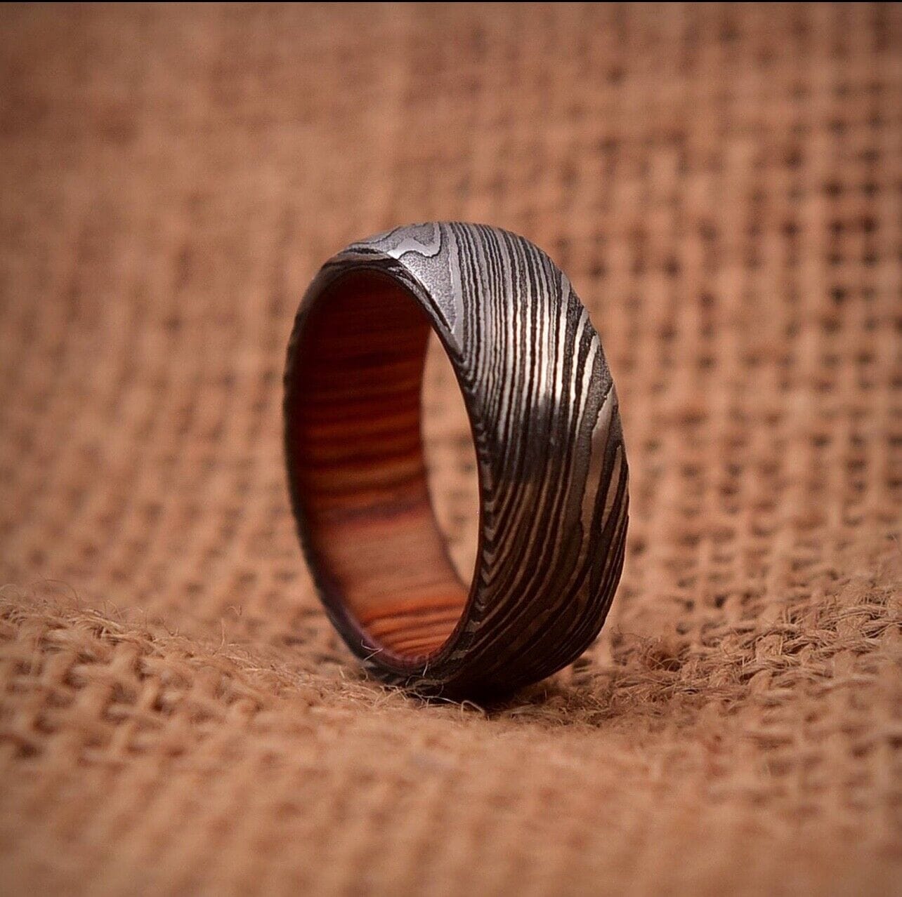 KBS Knives Store Knives Timeless Bond Damascus Steel Anniversary Ring with Wooden Inlay by KBS Knives Store
