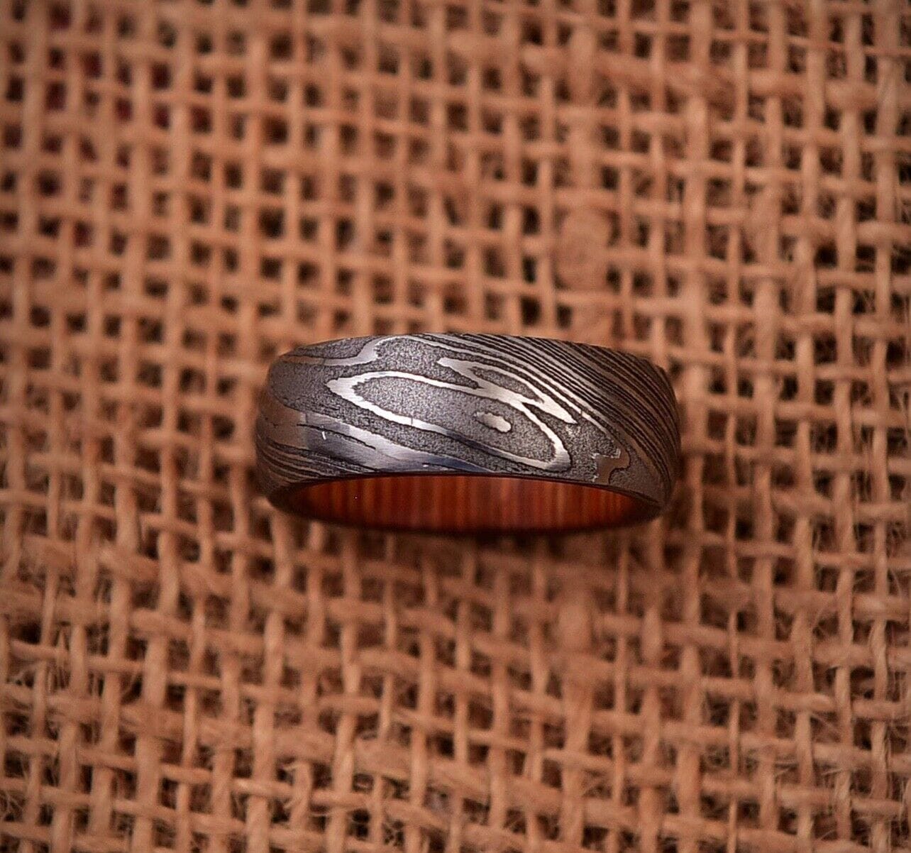 KBS Knives Store Knives Timeless Bond Damascus Steel Anniversary Ring with Wooden Inlay by KBS Knives Store