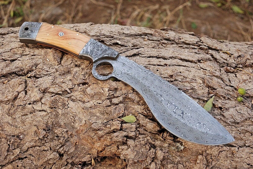 KBS Knives Store Kukri Bushcraft Kukri Knife Damascus 12" Olivewood Handle