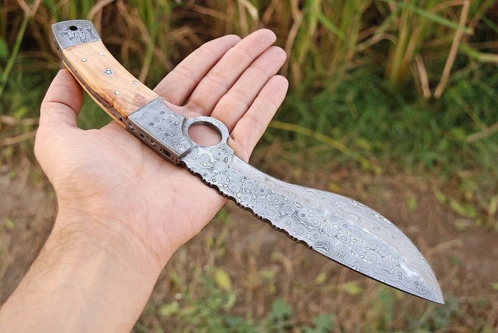 KBS Knives Store Kukri Bushcraft Kukri Knife Damascus 12" Olivewood Handle