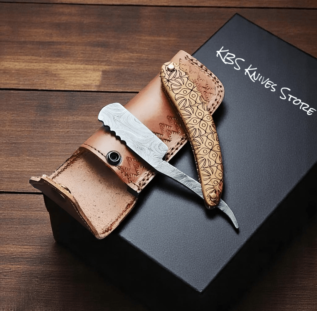 KBS Knives Store Razor Barbers Razor – Damascus Steel Straight Edge Razor with Laser Engraved Walnut Handle