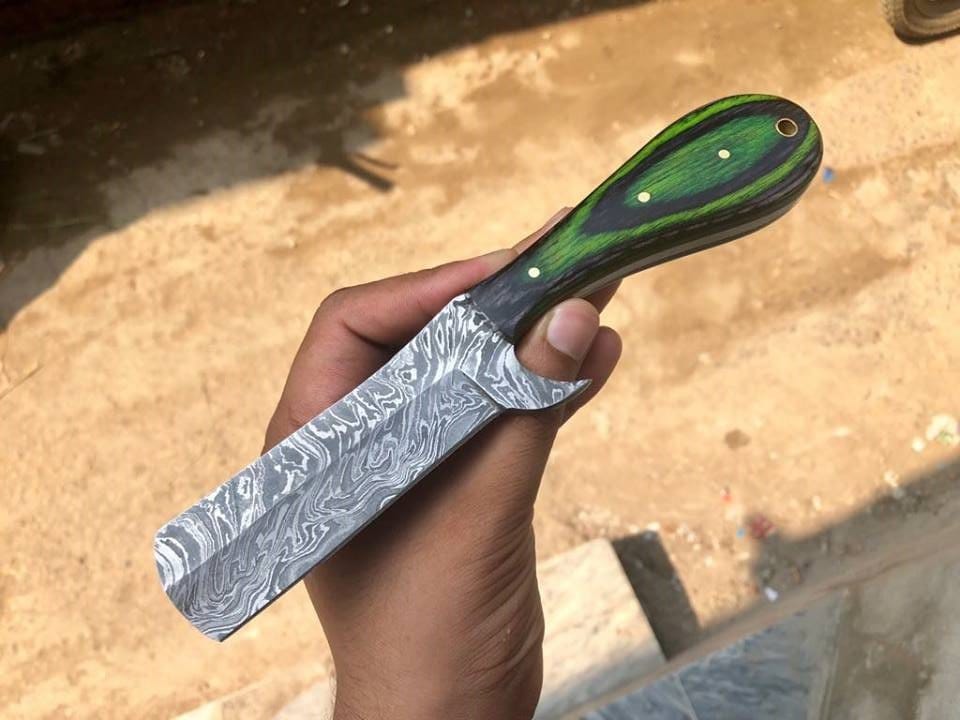KBS Knives Store Razor Luxury Traditional Straight Razor with Full Tang Damascus Steel Blade and Exotic Pakka Wood Handle - Includes Leather Case - KBS Knives Store Exclusive