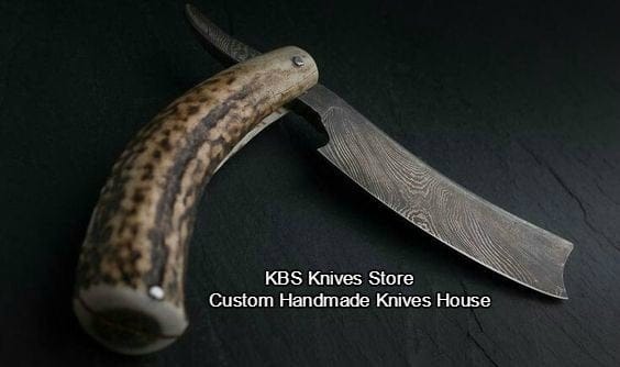 KBS Knives Store Razor Professional Barber Straight Razor with Damascus Steel Blade and Elk Antler Horn Handle - Includes Leather Case - Available Exclusively at KBS Knives Store