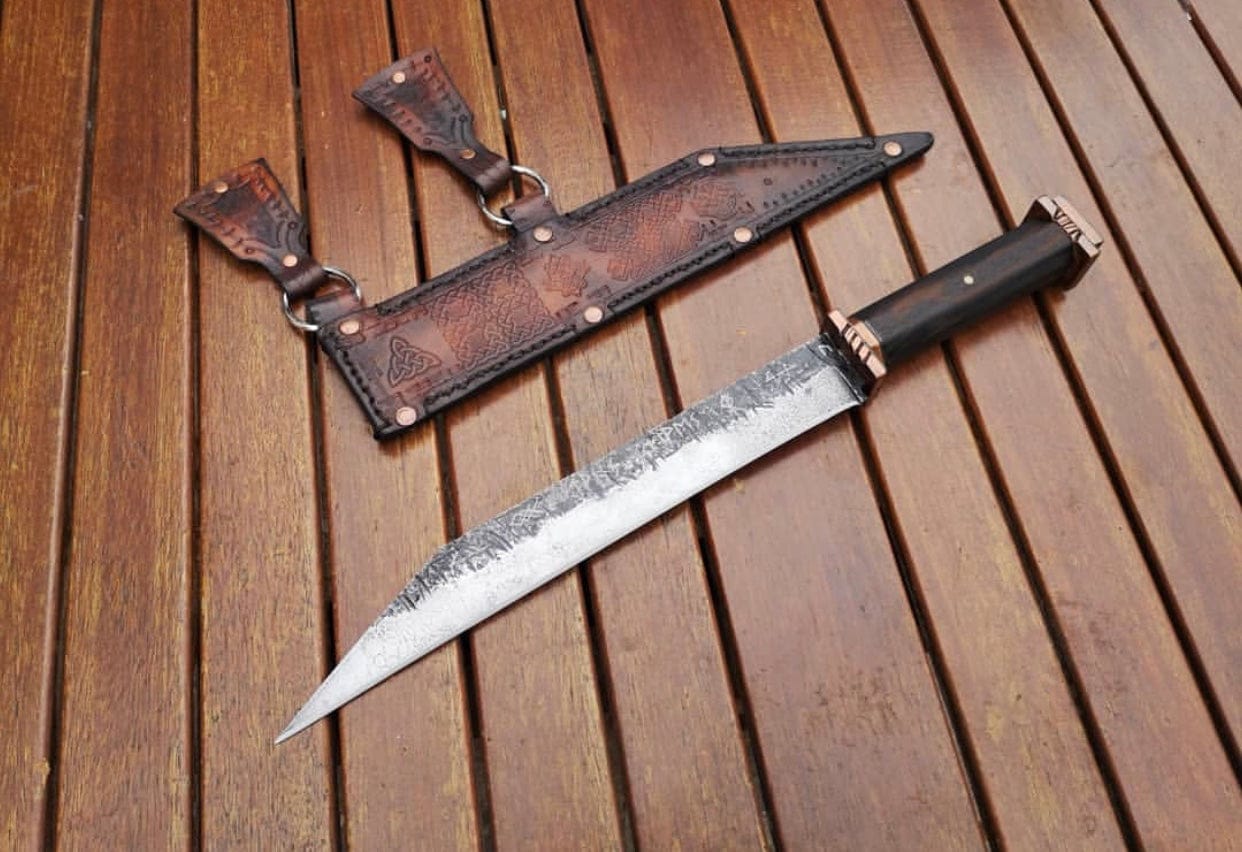 KBS Knives Store Seax Custom Handmade Hand Forged 1095 Steel Viking Seax Knife with Rosewood Handle and Brass Guards - 12 inches by KBS Knives Store