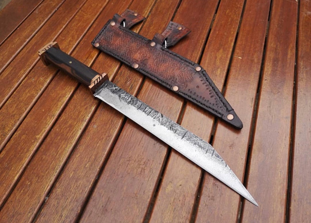 KBS Knives Store Seax Custom Handmade Hand Forged 1095 Steel Viking Seax Knife with Rosewood Handle and Brass Guards - 12 inches by KBS Knives Store