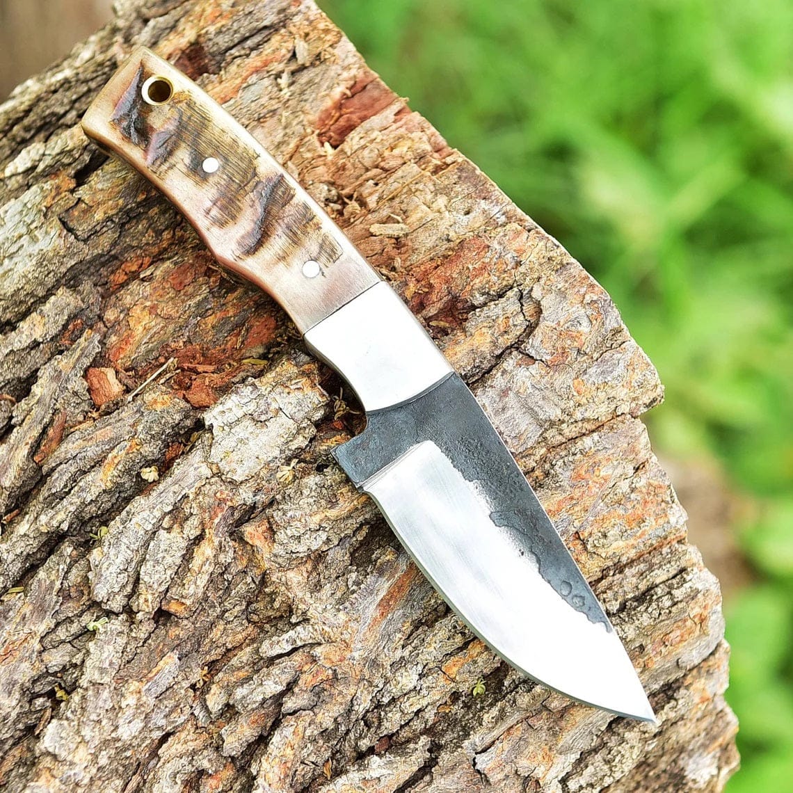 KBS Knives Store Skinner Knife "Custom Handmade 1095 Forged Steel Skinning Knife | Sheep Horn Handle | 7.5 Inches | Leather Sheath | KBS Knives Store"