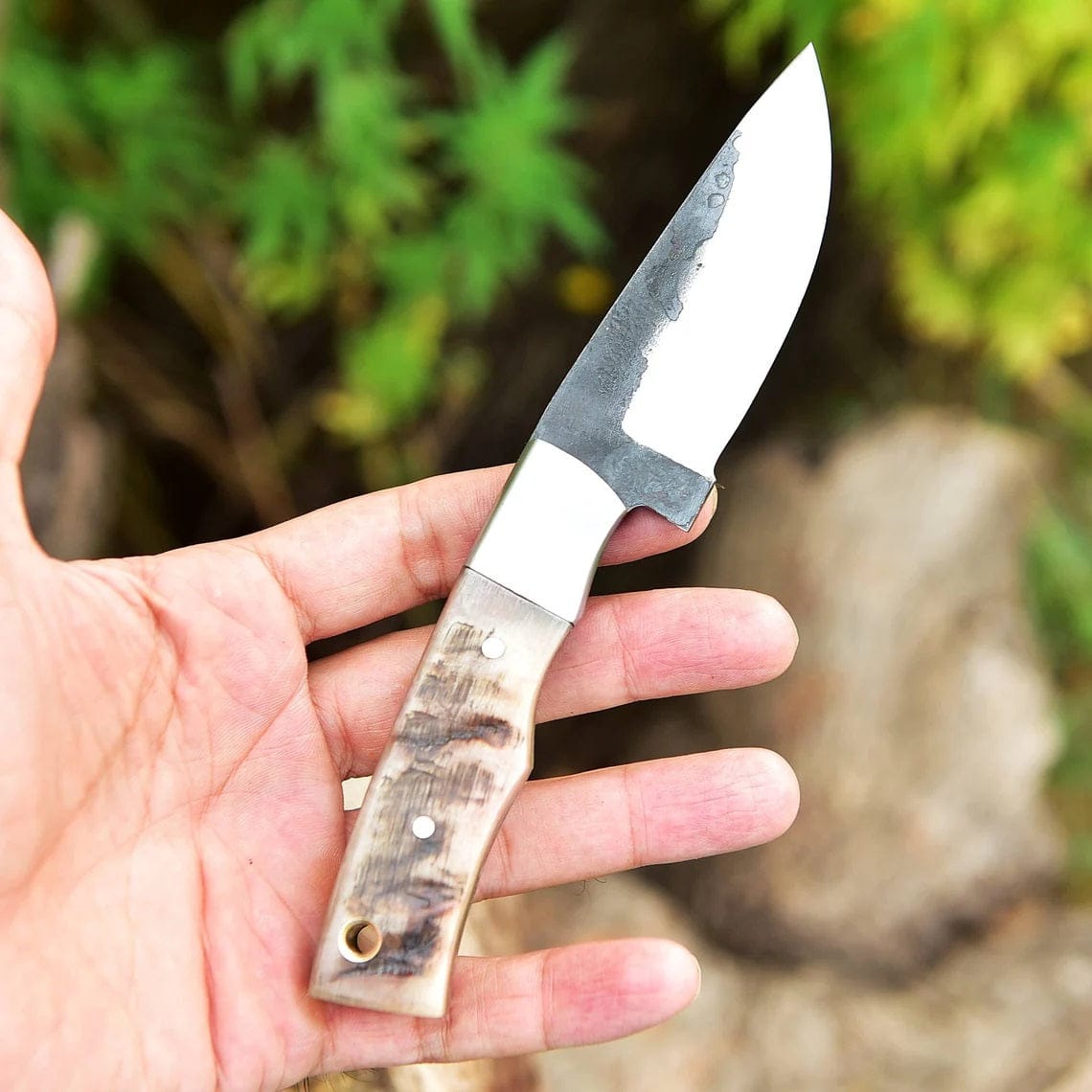 KBS Knives Store Skinner Knife "Custom Handmade 1095 Forged Steel Skinning Knife | Sheep Horn Handle | 7.5 Inches | Leather Sheath | KBS Knives Store"