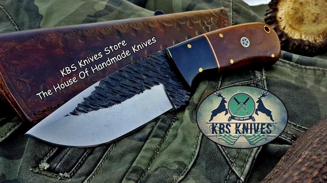 KBS Knives Store Skinner Knife Custom Handmade 1095 Hammered Steel Skinner Knife