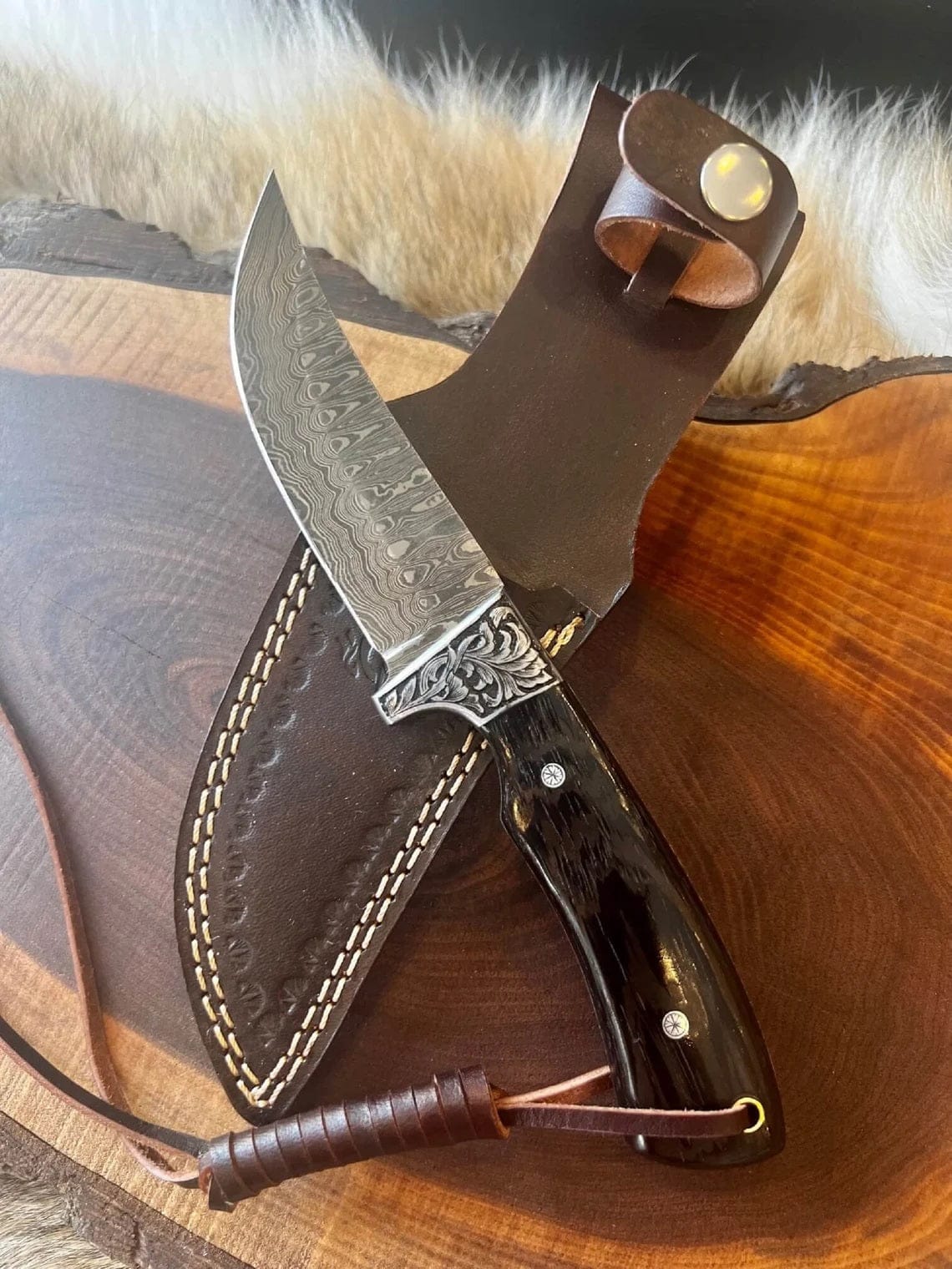 KBS Knives Store Skinner Knife Custom Handmade Damascus Hunting Skinning Knife with Sheep Horn Handle and Engraved Steel Guard