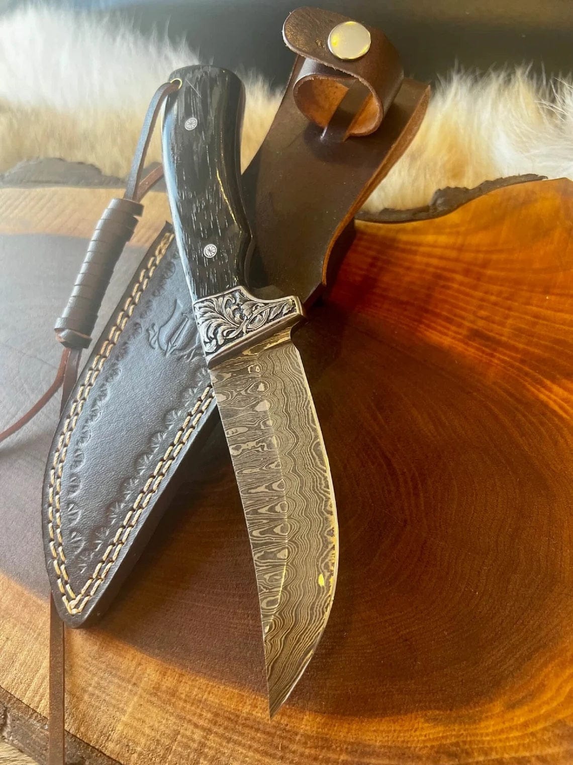 KBS Knives Store Skinner Knife Custom Handmade Damascus Hunting Skinning Knife with Sheep Horn Handle and Engraved Steel Guard