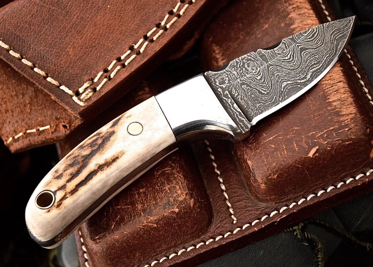 KBS Knives Store Skinner Knife Custom Handmade Damascus New Zealand Red Stag Antler Handle Mini Skinning EDC Small Skinner Neck Knife