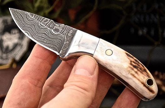 KBS Knives Store Skinner Knife Custom Handmade Damascus New Zealand Red Stag Antler Handle Mini Skinning EDC Small Skinner Neck Knife