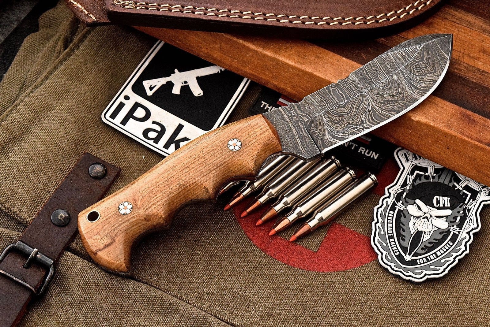 KBS Knives Store Skinner Knife Custom Handmade Damascus Olive Wood Skinning Hunting Skinner EDC Knife