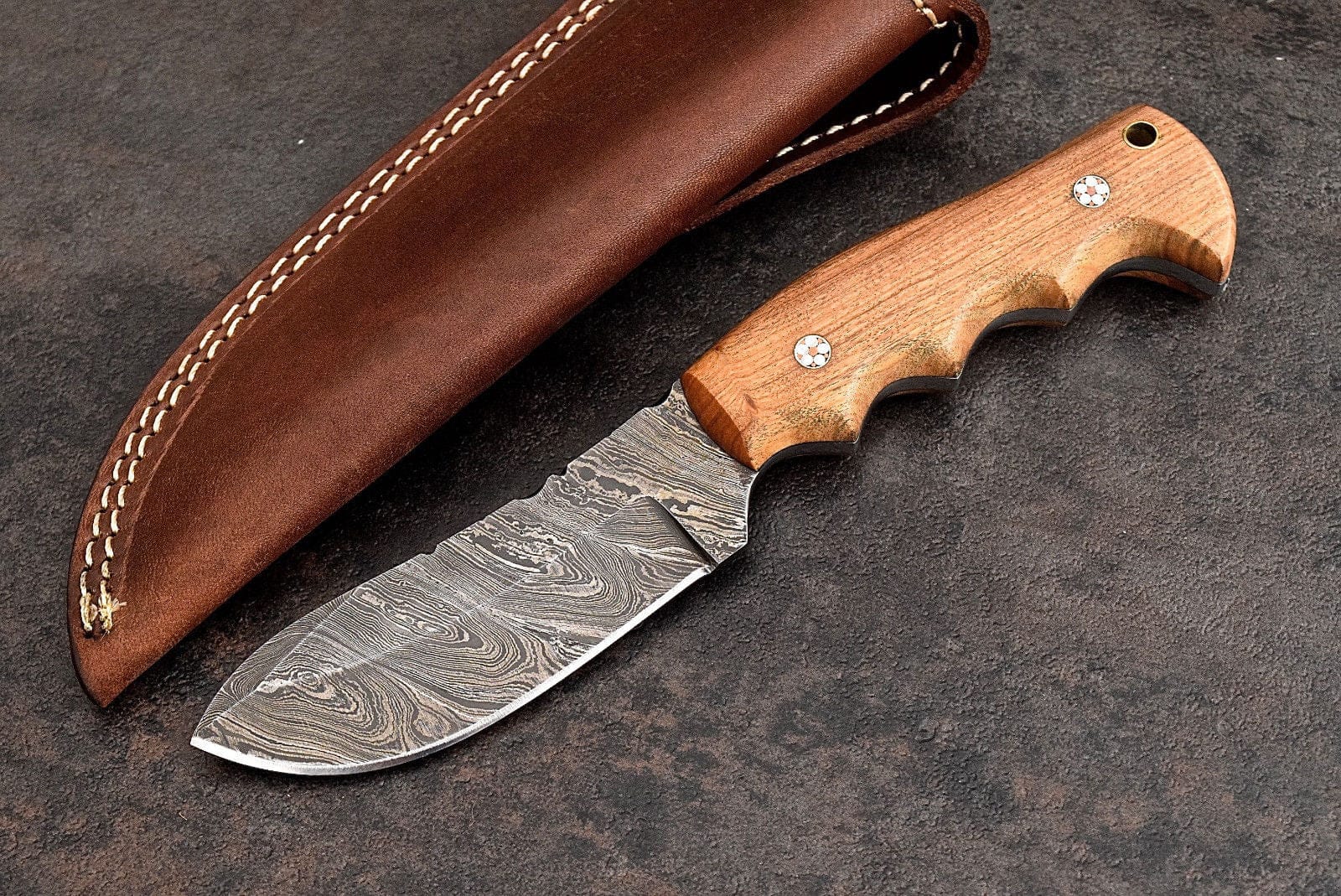 KBS Knives Store Skinner Knife Custom Handmade Damascus Olive Wood Skinning Hunting Skinner EDC Knife