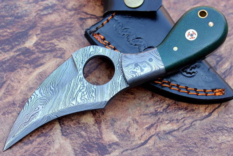 KBS Knives Store Skinner Knife Custom Handmade Damascus Steel Finger Hole Skinner Knife