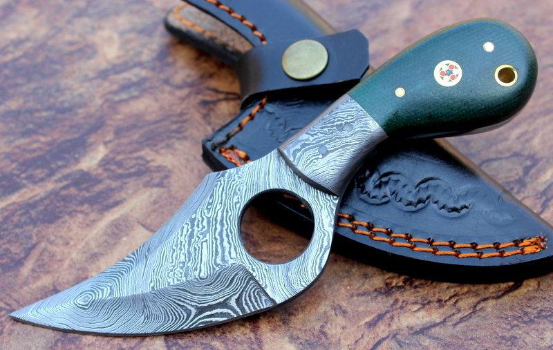 KBS Knives Store Skinner Knife Custom Handmade Damascus Steel Finger Hole Skinner Knife