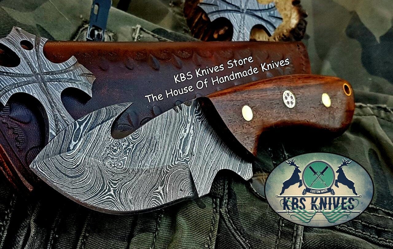 KBS Knives Store Skinner Knife Custom Handmade Damascus Steel Guthook Skinning Knife