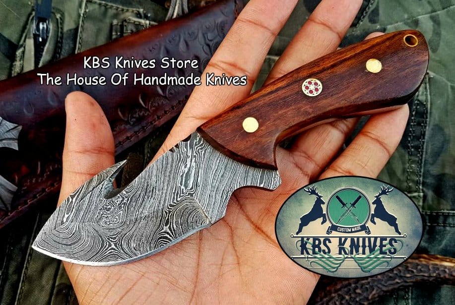 KBS Knives Store Skinner Knife Custom Handmade Damascus Steel Guthook Skinning Knife