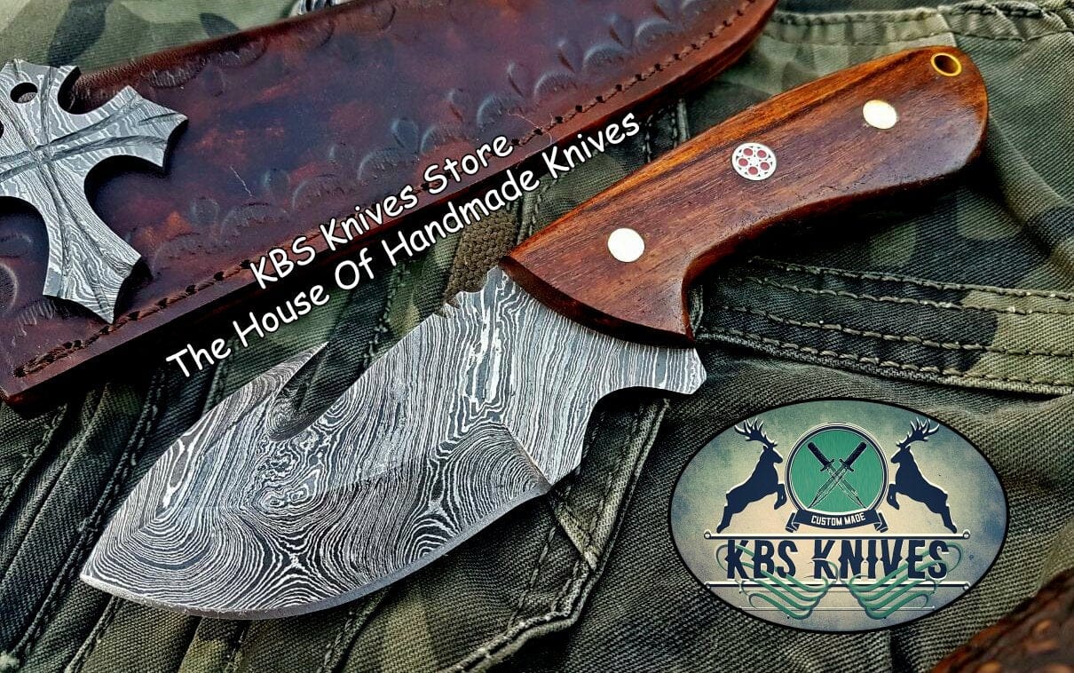 KBS Knives Store Skinner Knife Custom Handmade Damascus Steel Guthook Skinning Knife