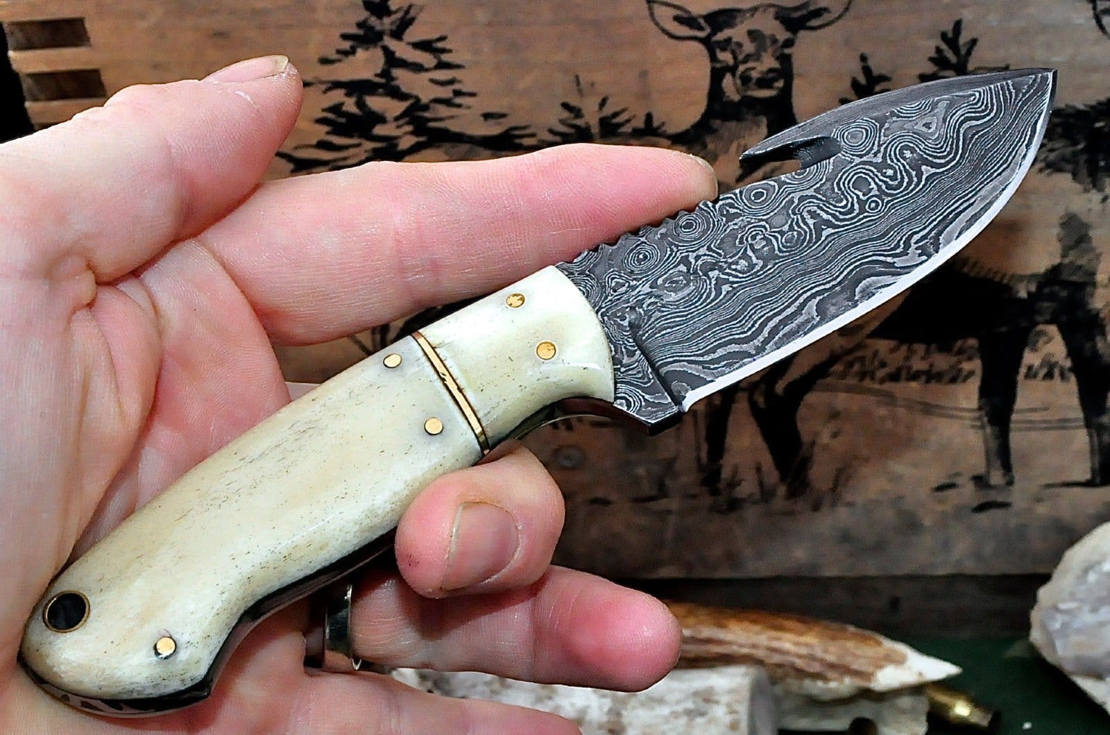 KBS Knives Store Skinner Knife Custom Handmade Damascus Steel Guthook Skinning Knife