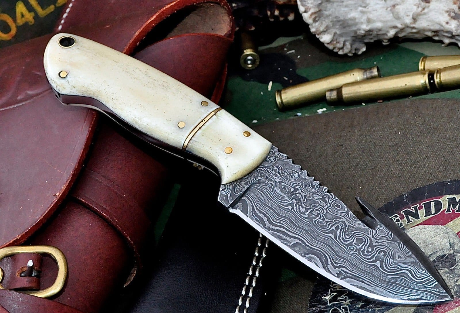 KBS Knives Store Skinner Knife Custom Handmade Damascus Steel Guthook Skinning Knife