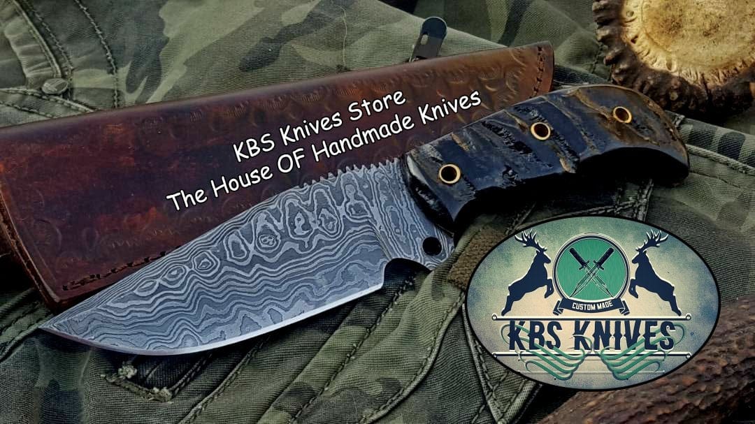 KBS Knives Store Skinner Knife Custom Handmade Damascus Steel Hunting Skinning Camping Knife