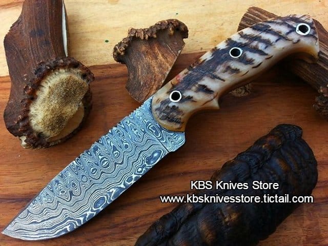 KBS Knives Store Skinner Knife Custom Handmade Damascus Steel Sheep-Horn Hunting/Skinning/Camping Knife