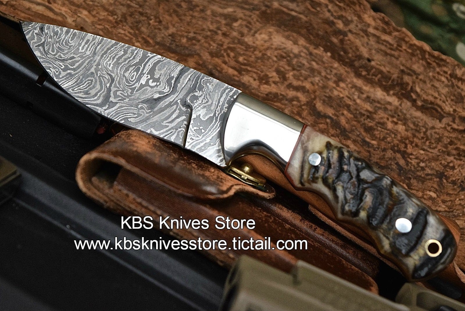 KBS Knives Store Skinner Knife Custom-Handmade-Damascus Steel Sheep Horn Hunting/Skinning Knife