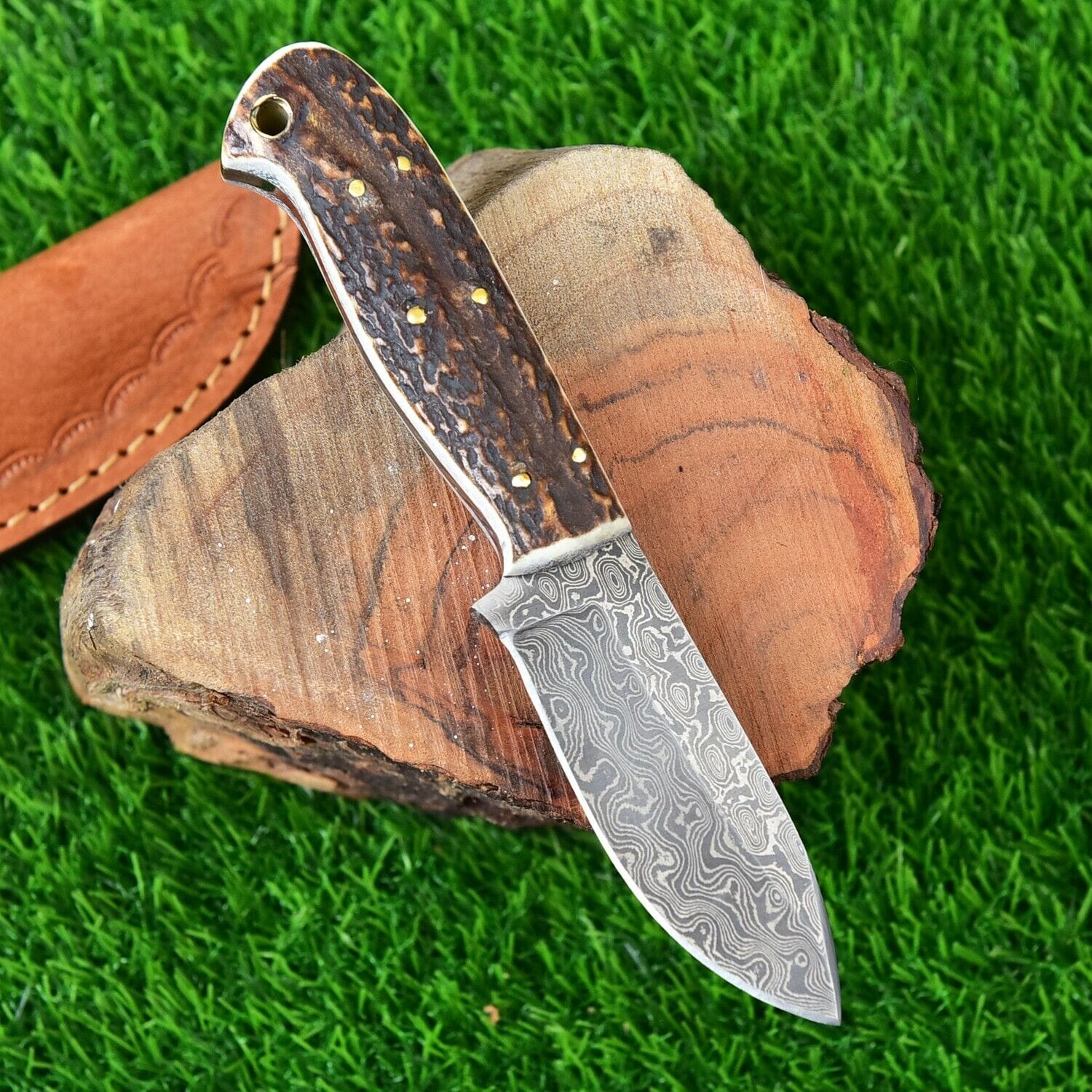 KBS Knives Store Skinner Knife Custom Handmade Damascus Steel Skinning Knife with Stag Horn Handle and Leather Sheath - 7 Inches by KBS Knives Store