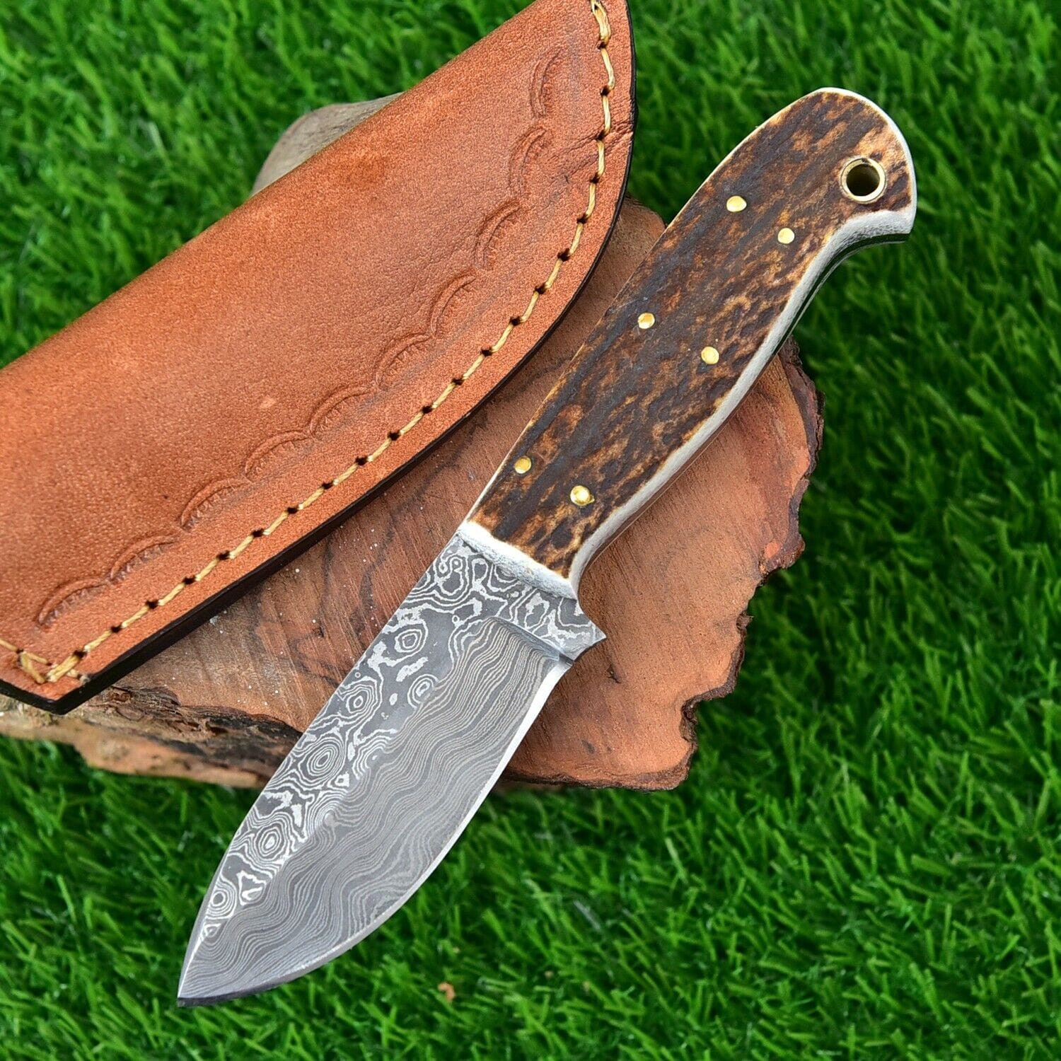 KBS Knives Store Skinner Knife Custom Handmade Damascus Steel Skinning Knife with Stag Horn Handle and Leather Sheath - 7 Inches by KBS Knives Store
