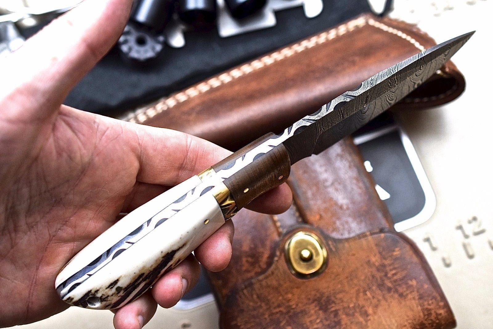 KBS Knives Store Skinner Knife Custom Handmade Damascus Wood-New Zealand Red Stag Hunting Skinning Knife