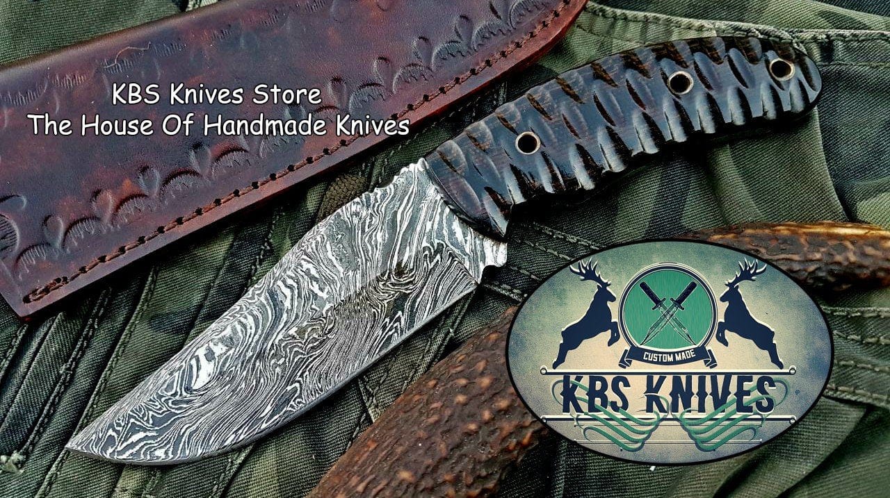 KBS Knives Store Skinner Knife Custom Handmade Firestorm Damascus Steel Hunting Skinning Knife