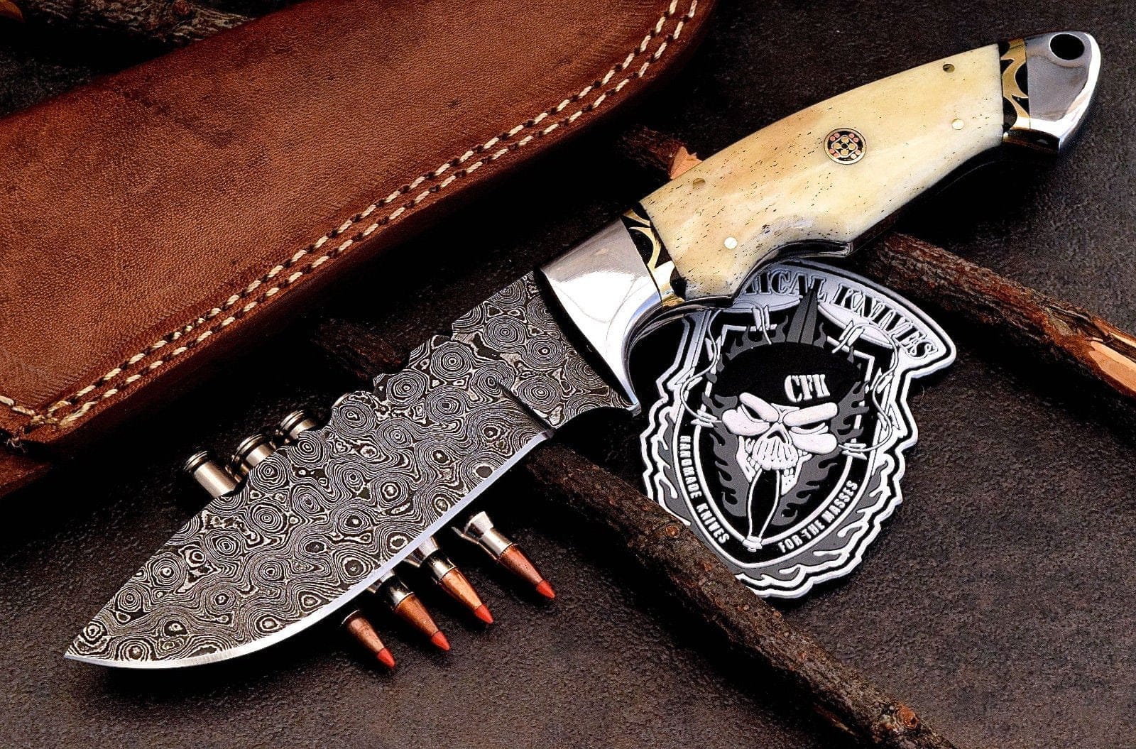 KBS Knives Store Skinner Knife Custom Handmade Raindrop Damascus Large Skinning Hunter Deer Bone Knife