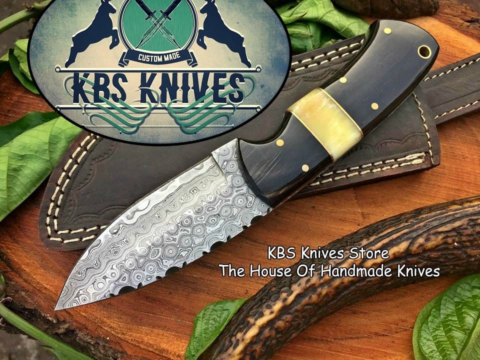 KBS Knives Store Skinner Knife Custom Handmade Raindrop Damascus Steel Hunting EDC Skinning Knife