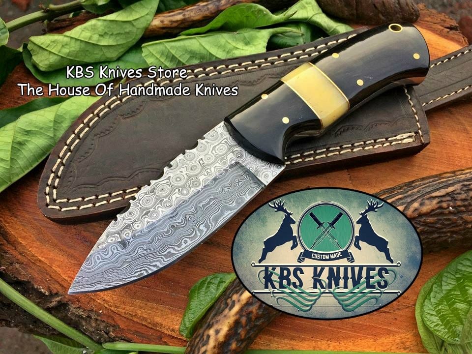 KBS Knives Store Skinner Knife Custom Handmade Raindrop Damascus Steel Hunting EDC Skinning Knife